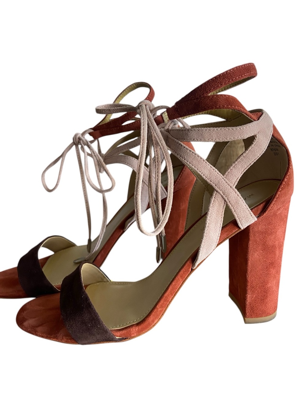 Marc Fisher Suede Two-Tone Lace-Up Block Heel Sandals - Rust & Blush - Picture 5 of 13